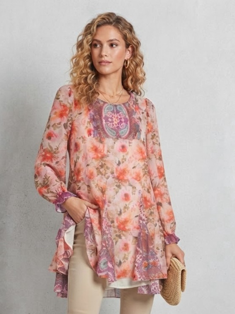 UmgeeFloral Ruffled Long-Sleeve Tunic Top in Peach-Pink